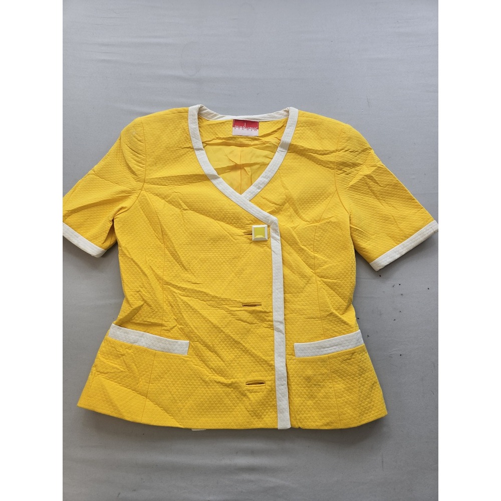 Oscar de la Renta Studio Vintage Yellow White Trim Short Sleeve Blazer Top Sz 4